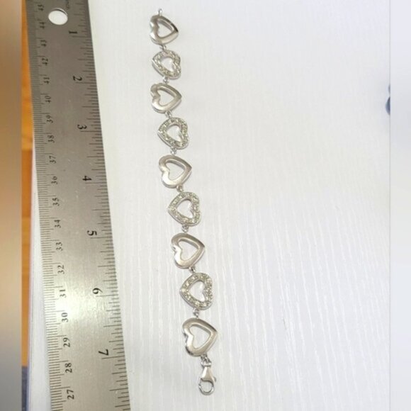 Vintage Sterling Silver Chain Link Crystal Rhinestone Heart Bracelet - Picture 11 of 12